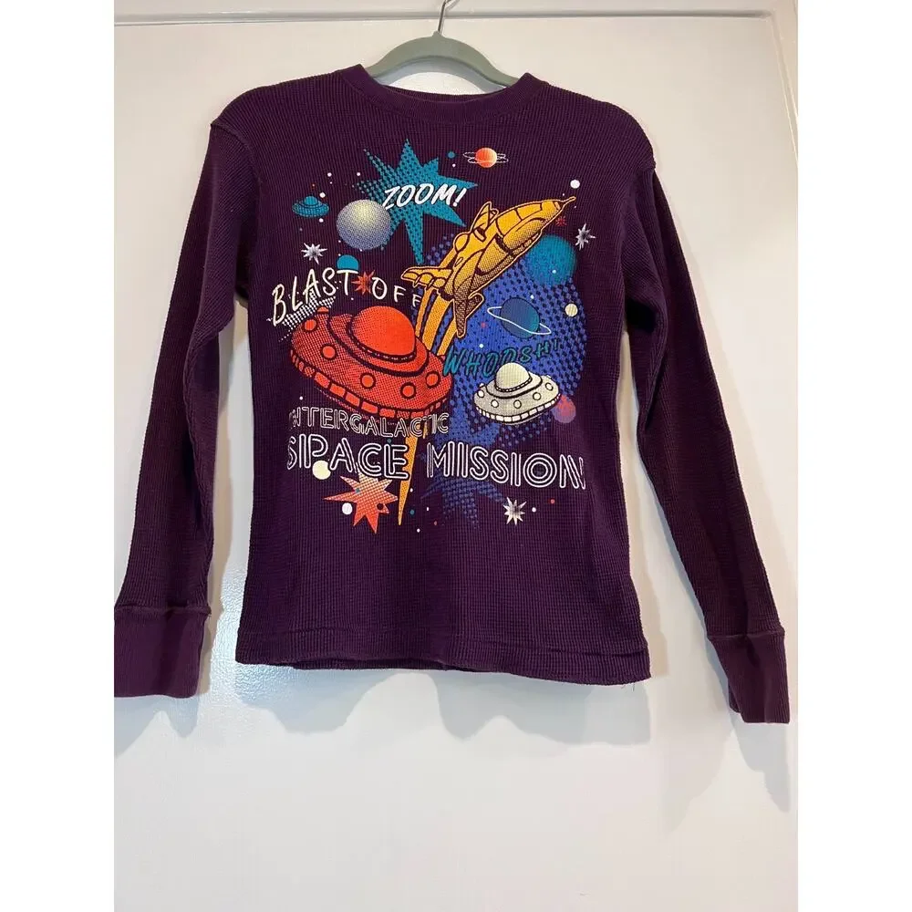 The Children's Place Boys Large 10/12 Purple Thermal Waffle Knit Shirt Space UFO